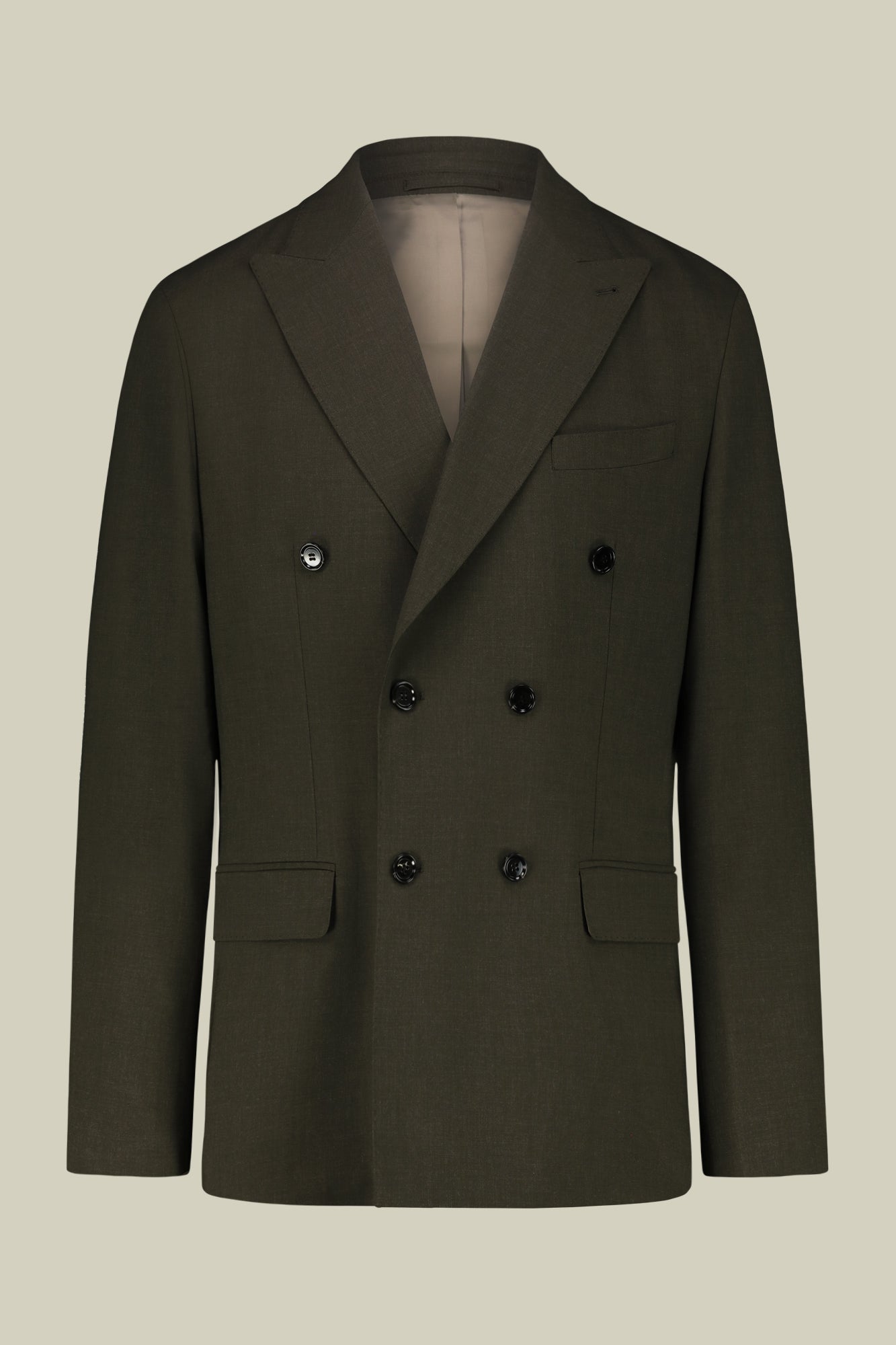 Double-breasted men's suit with single-pleat trousers in two-way stretch fabric