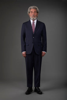 Single-breasted men's suit with classic single-pleat trousers, in pure combed wool with herringbone weave Dk Blue