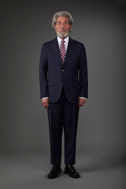 Single-breasted men's suit with classic single-pleat trousers, in pure combed wool with herringbone weave Dk Blue