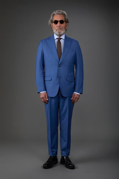 Single-breasted men's suit with classic single-pleat trousers, in pure combed wool with grisaille construction
