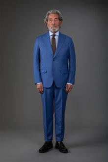 Single-breasted men's suit with classic single-pleat trousers, in pure combed wool with grisaille construction Denim