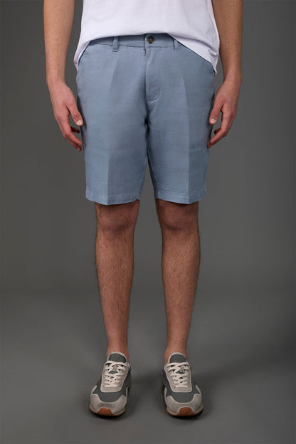 Men's Bermuda shorts with elastic waistband 100% linen Sky