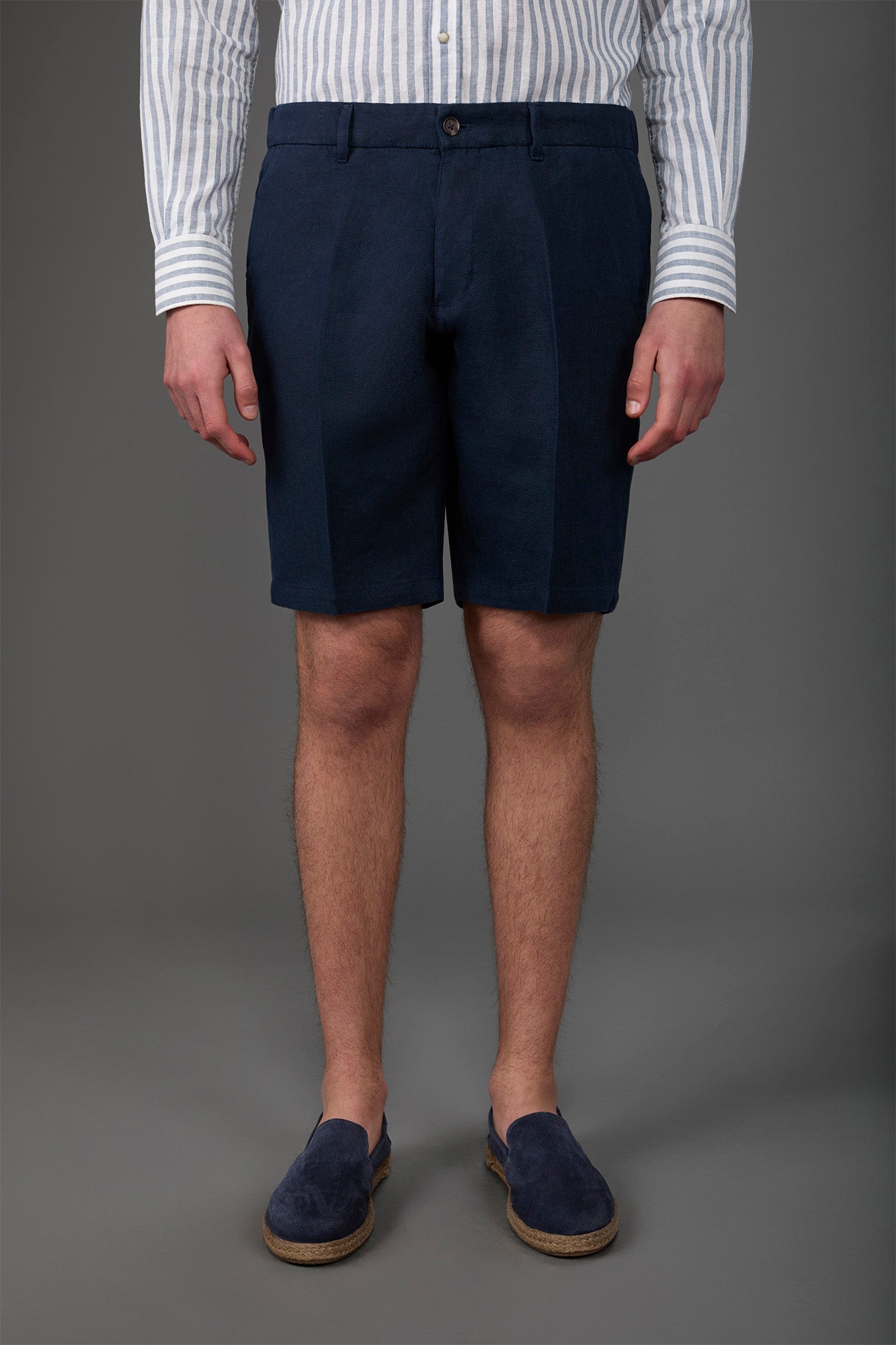 Men's Bermuda shorts with elastic waistband 100% linen Blue