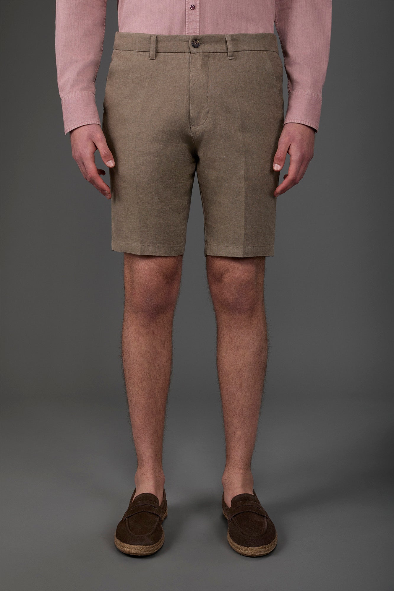 Men's Bermuda shorts with elastic waistband 100% linen Lt Brown