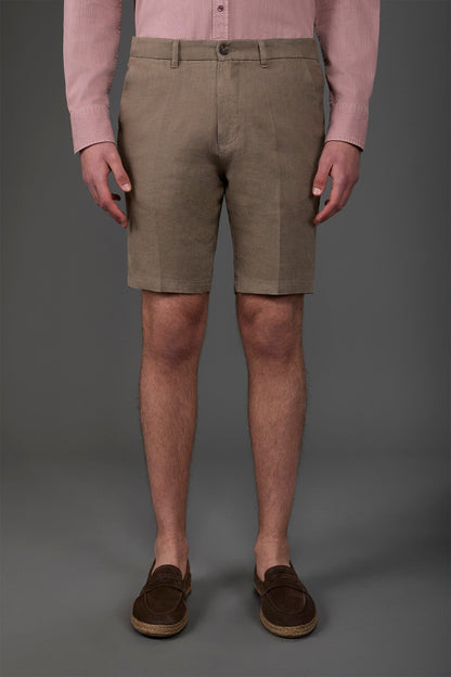 Men's Bermuda shorts with elastic waistband 100% linen Lt Brown