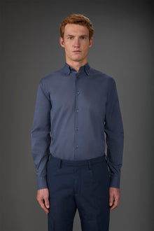 Men's casual shirt with a concealed button down collar in washed muslin fabric Cerulean