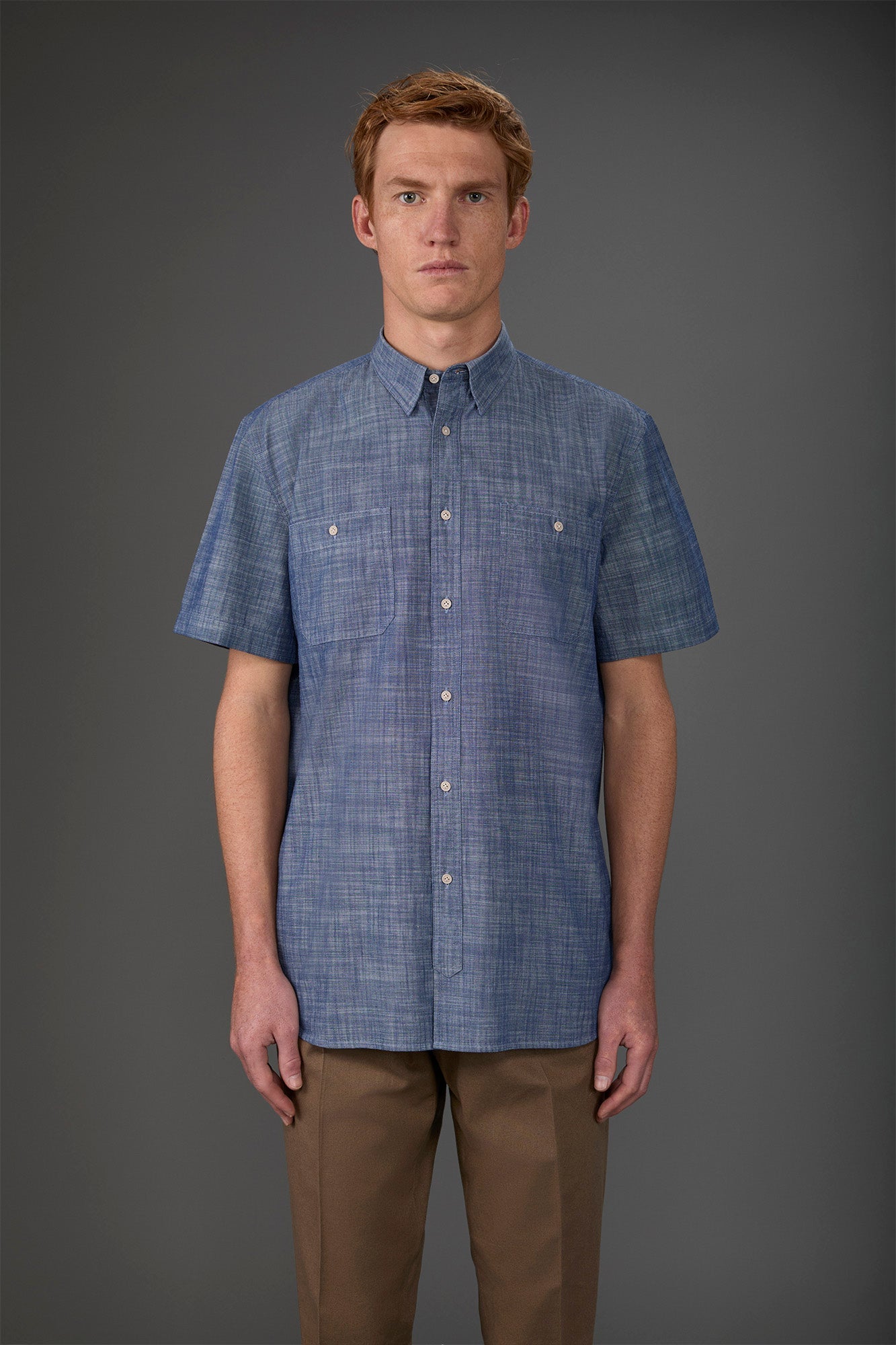 Men's concealed button down casual shirt in chambray fabric Indigo