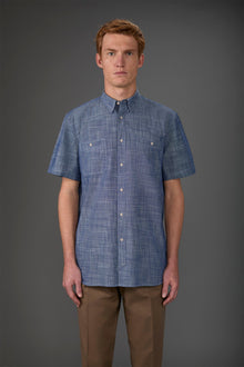 Men's concealed button down casual shirt in chambray fabric Indigo