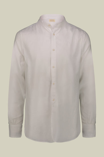 Casual men's shirt with mandarin collar and half button fastening, washed linen and cotton fabric