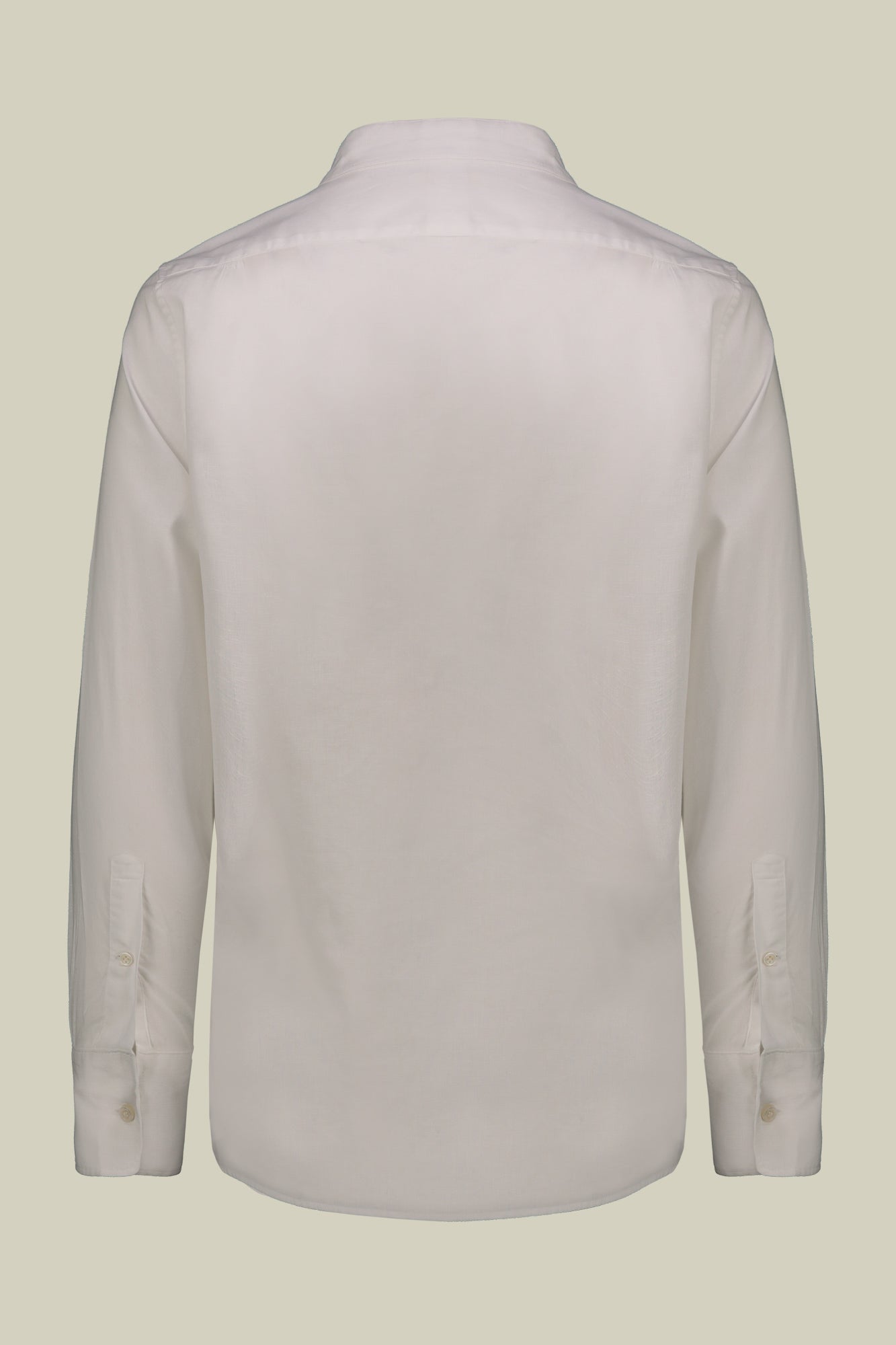 Casual men's shirt with mandarin collar and half button fastening, washed linen and cotton fabric