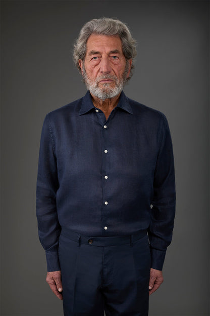 Men's casual shirt with classic collar, 100% linen Dk Blue