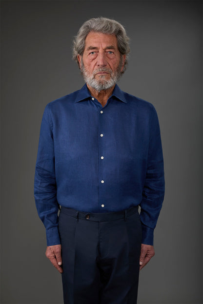 Men's casual shirt with classic collar, 100% linen Royal