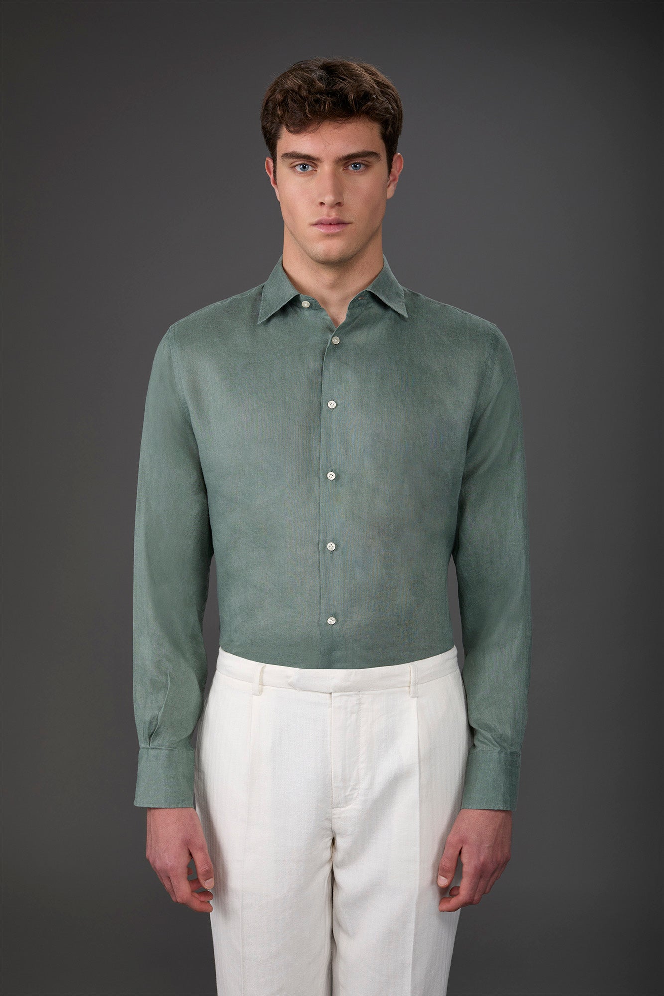 Men's casual shirt with classic collar, 100% linen Sage Green
