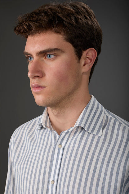 Men's casual shirt with French collar in striped washed linen and cotton fabric