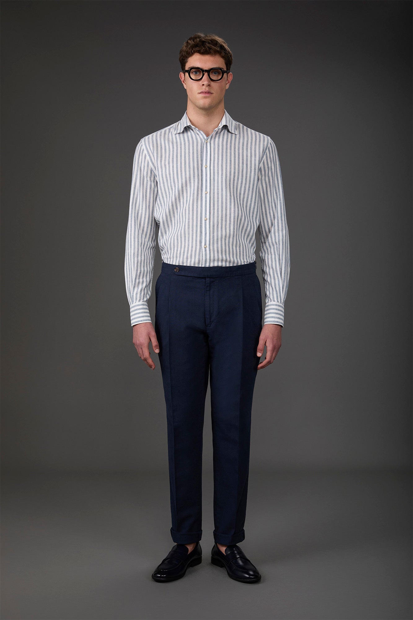 Men's casual shirt with French collar in striped washed linen and cotton fabric