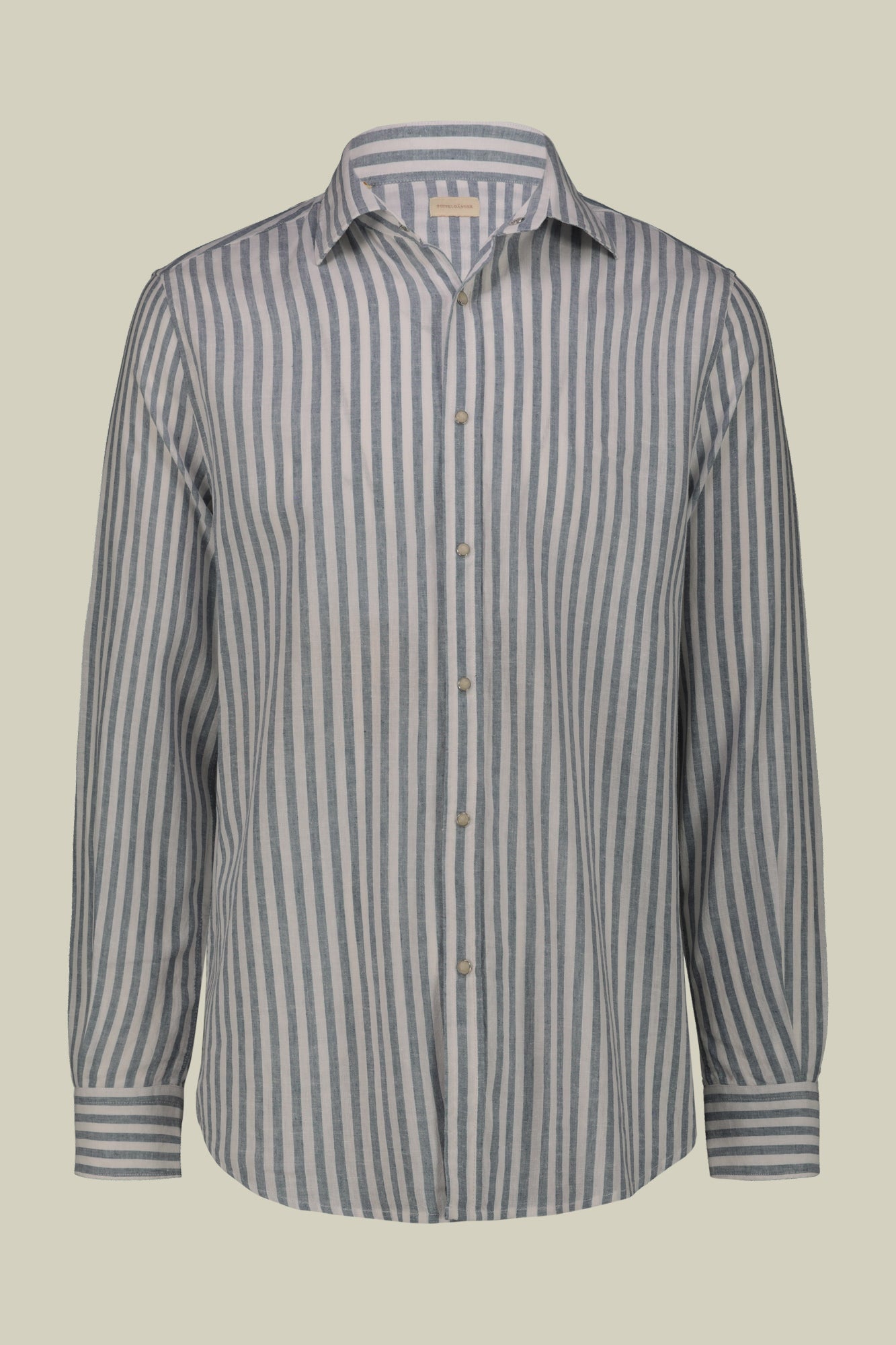 Men's casual shirt with French collar in striped washed linen and cotton fabric