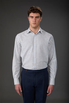 Men's casual shirt with French collar in striped washed linen and cotton fabric