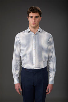 Men's casual shirt with French collar in striped washed linen and cotton fabric White/Sky