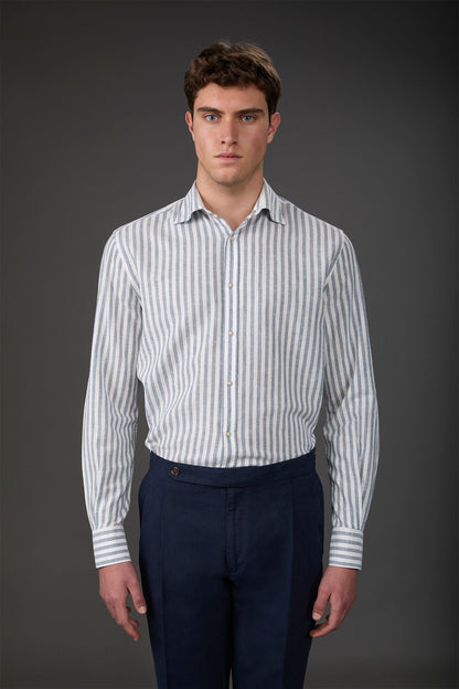 Men's casual shirt with French collar in striped washed linen and cotton fabric White/Sky