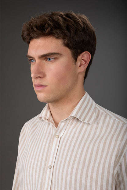 Men's casual shirt with French collar in striped washed linen and cotton fabric