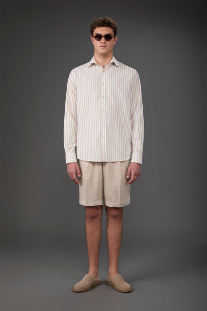 Men's casual shirt with French collar in striped washed linen and cotton fabric