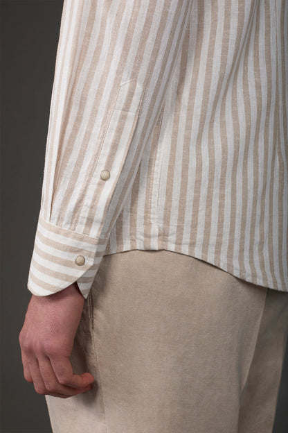Men's casual shirt with French collar in striped washed linen and cotton fabric