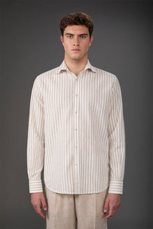 Men's casual shirt with French collar in striped washed linen and cotton fabric White/Beige