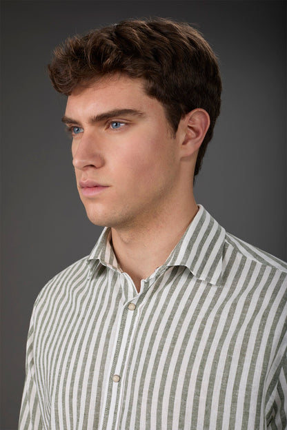 Men's casual shirt with French collar in striped washed linen and cotton fabric