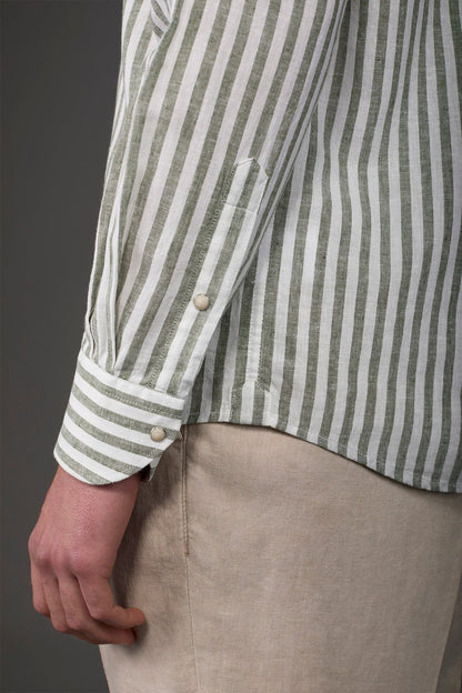 Men's casual shirt with French collar in striped washed linen and cotton fabric