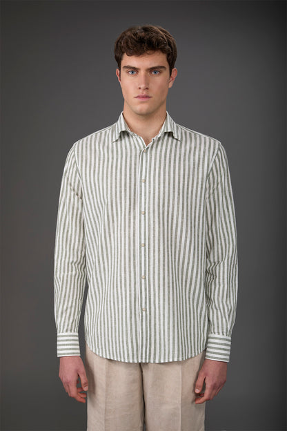 Men's casual shirt with French collar in striped washed linen and cotton fabric
