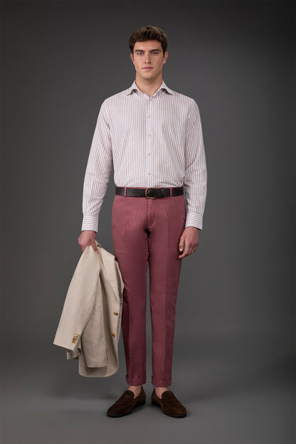 Men's casual shirt with French collar in striped washed linen and cotton fabric