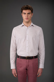 Men's casual shirt with French collar in striped washed linen and cotton fabric