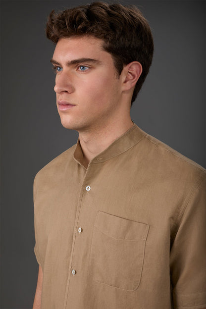 Casual men's shirt with mandarin collar, washed linen and cotton fabric