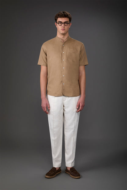 Casual men's shirt with mandarin collar, washed linen and cotton fabric