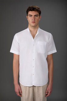 Casual men's shirt with mandarin collar, washed linen and cotton fabric