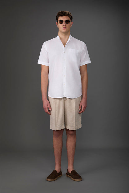 Casual men's shirt with mandarin collar, washed linen and cotton fabric