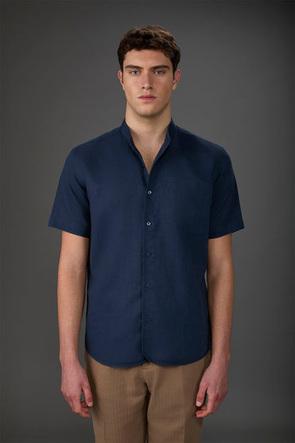 Casual men's shirt with mandarin collar, washed linen and cotton fabric