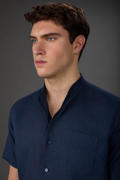 Casual men's shirt with mandarin collar, washed linen and cotton fabric