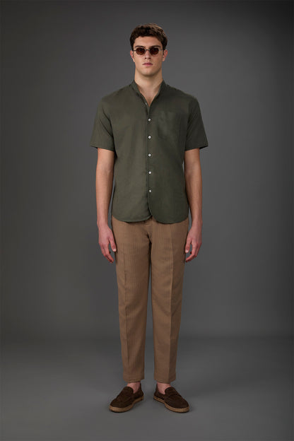 Casual men's shirt with mandarin collar, washed linen and cotton fabric