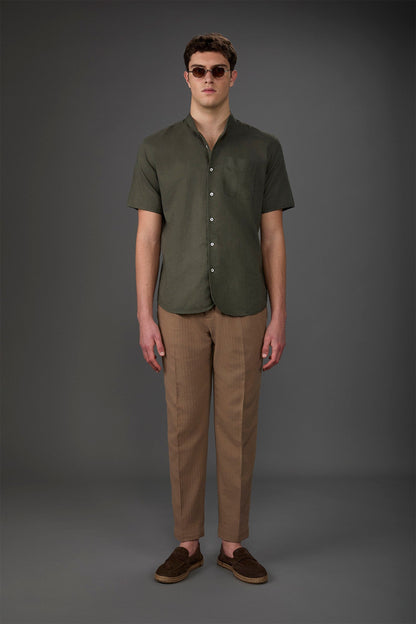 Casual men's shirt with mandarin collar, washed linen and cotton fabric