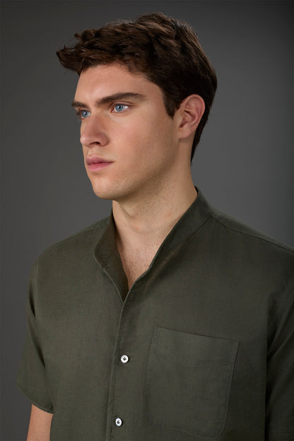 Casual men's shirt with mandarin collar, washed linen and cotton fabric