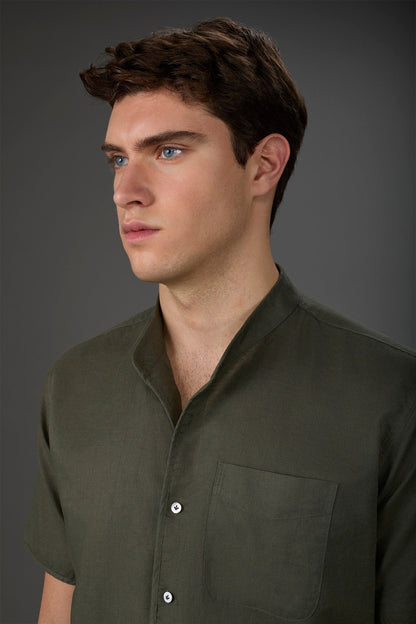Casual men's shirt with mandarin collar, washed linen and cotton fabric