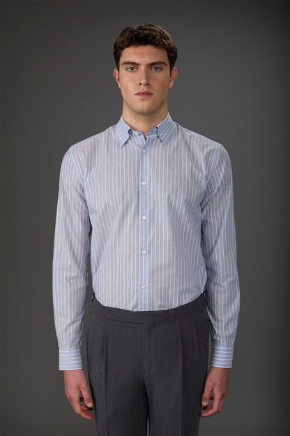 Men's concealed button down casual shirt in yarn-dyed striped washed muslin fabric Sky/White