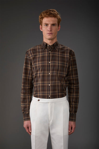 Men's concealed button down casual shirt in checked washed muslin fabric Brown