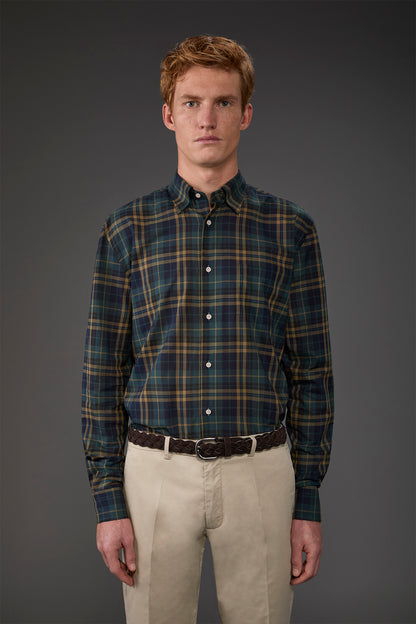 Men's concealed button down casual shirt in checked washed muslin fabric
