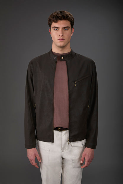 Men's biker jacket in lined faux leather with mandarin collar