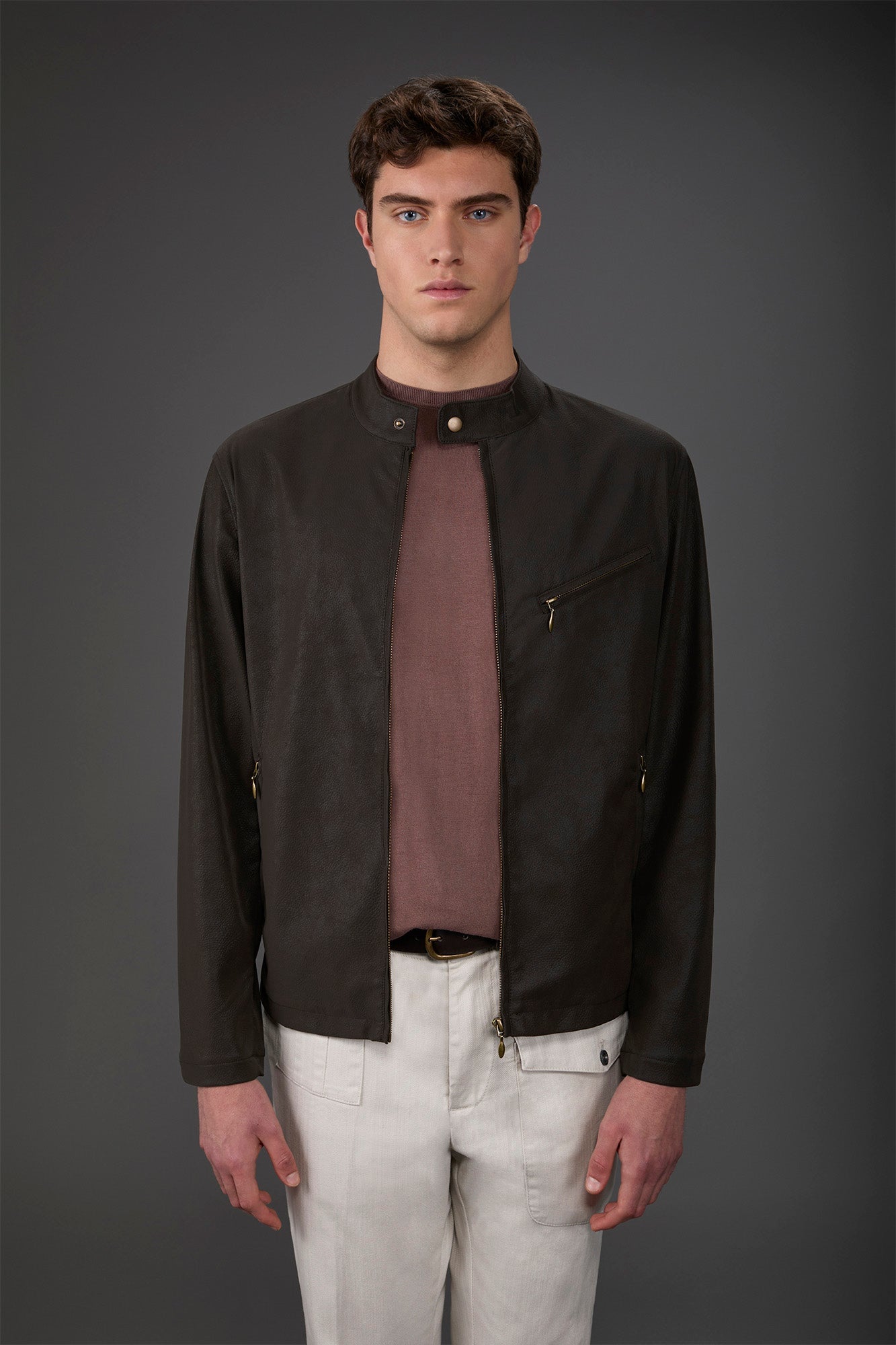 Men's biker jacket in lined faux leather with mandarin collar