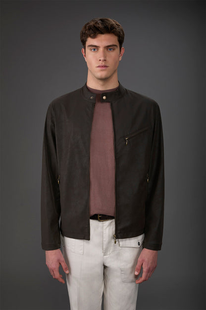 Men's biker jacket in lined faux leather with mandarin collar