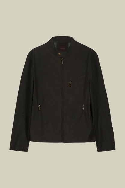 Men's biker jacket in lined faux leather with mandarin collar