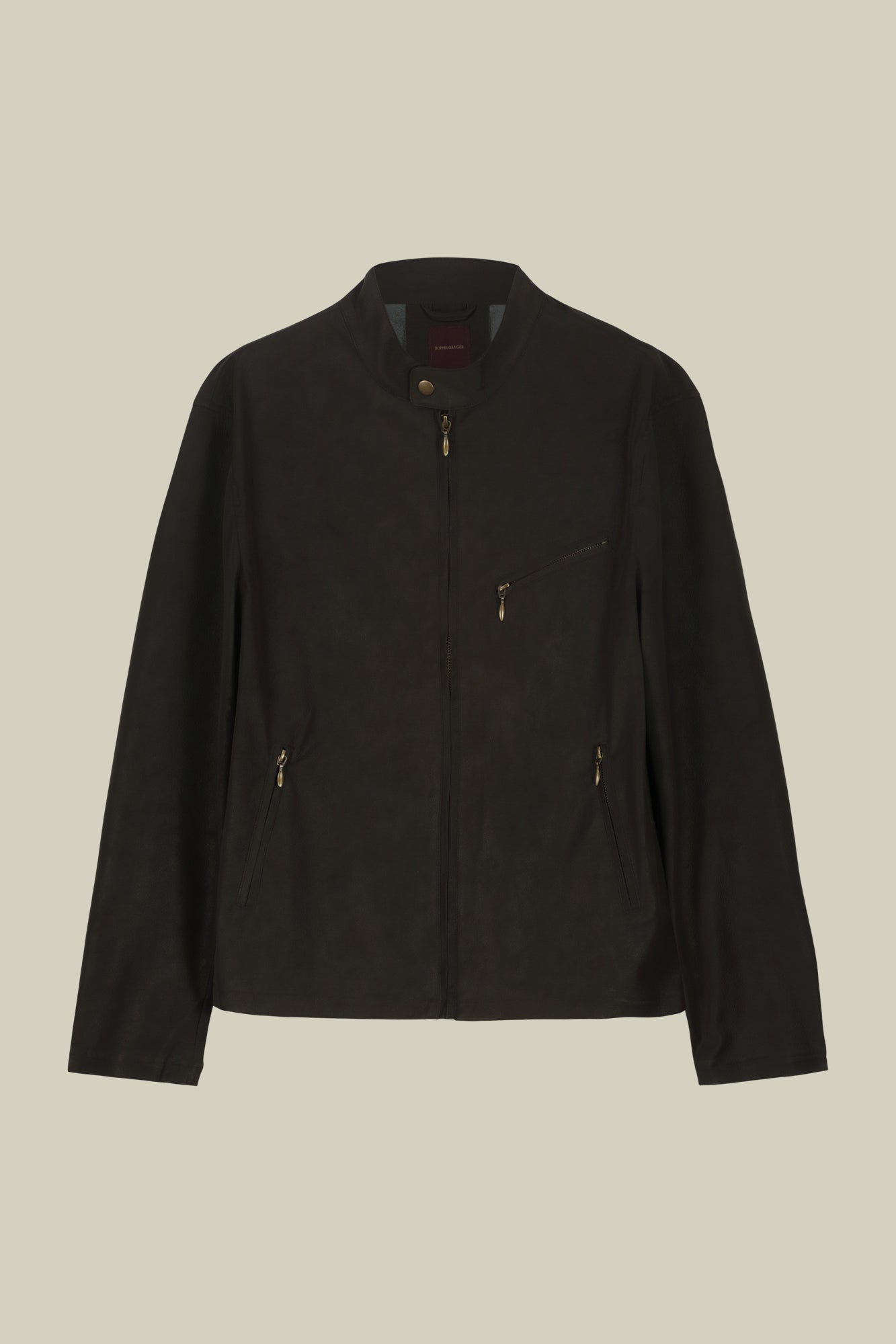 Men's biker jacket in lined faux leather with mandarin collar